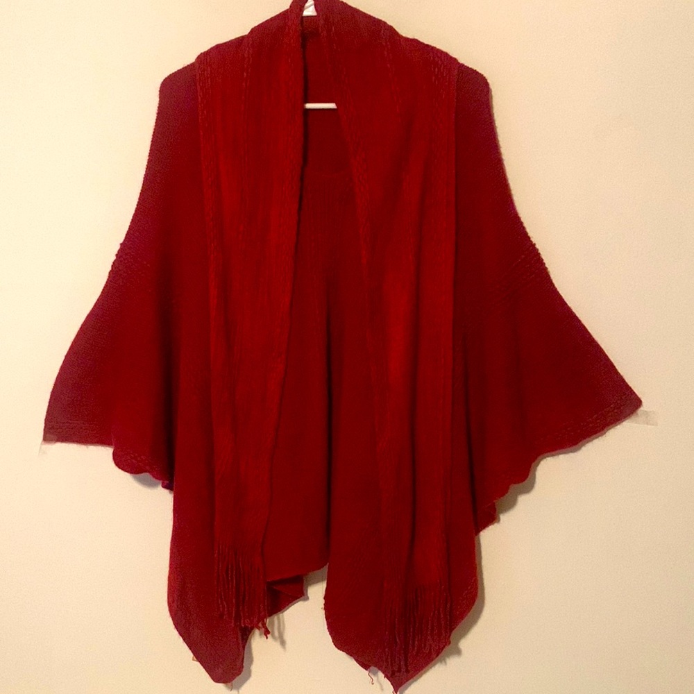 Women’s Red knit Poncho w/Built In Matching Scarf.